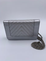 Sold-CHANEL Silver Calfskin Chevron Wallet-on-the-chain WOC Crossbody Flap Bag