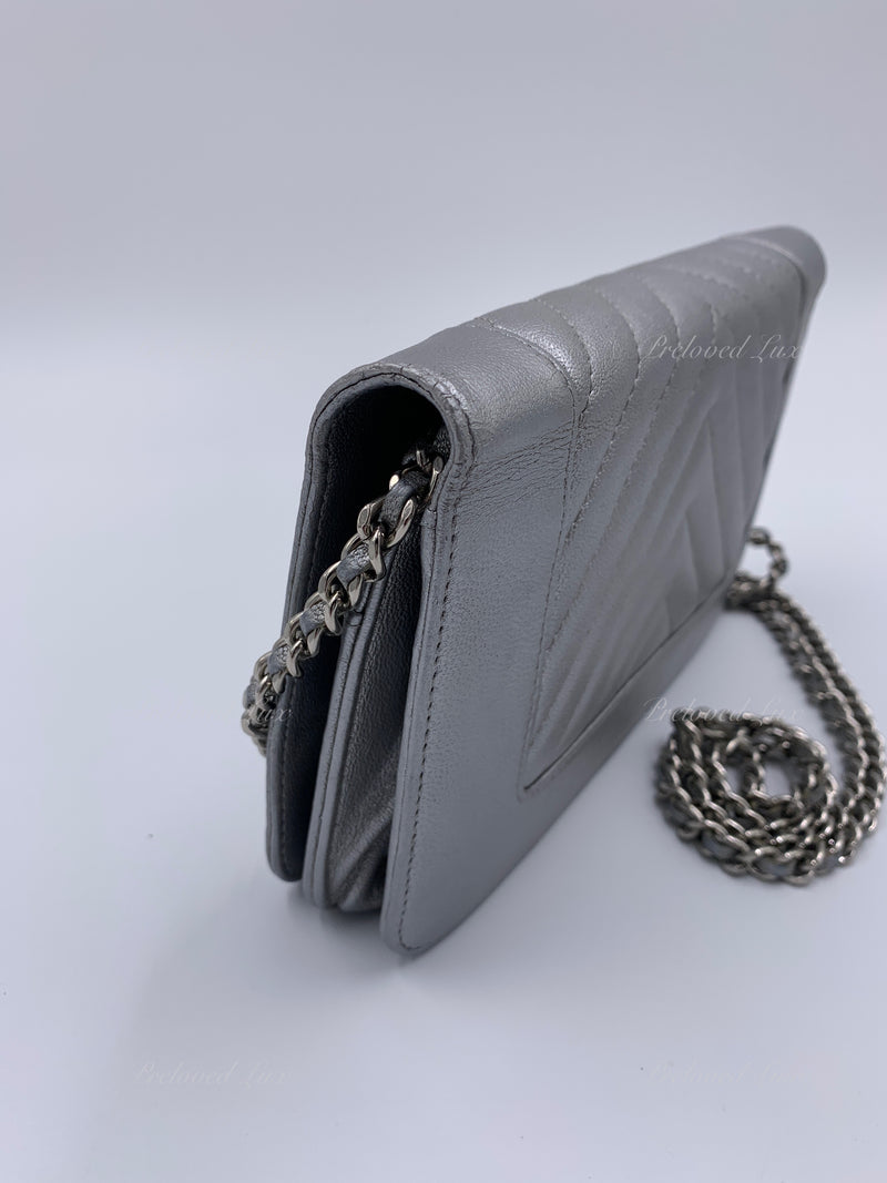 Sold-CHANEL Silver Calfskin Chevron Wallet-on-the-chain WOC Crossbody Flap Bag