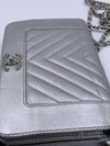 Sold-CHANEL Silver Calfskin Chevron Wallet-on-the-chain WOC Crossbody Flap Bag