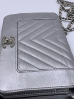 Sold-CHANEL Silver Calfskin Chevron Wallet-on-the-chain WOC Crossbody Flap Bag