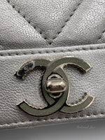 Sold-CHANEL Silver Calfskin Chevron Wallet-on-the-chain WOC Crossbody Flap Bag