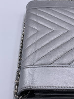 Sold-CHANEL Silver Calfskin Chevron Wallet-on-the-chain WOC Crossbody Flap Bag