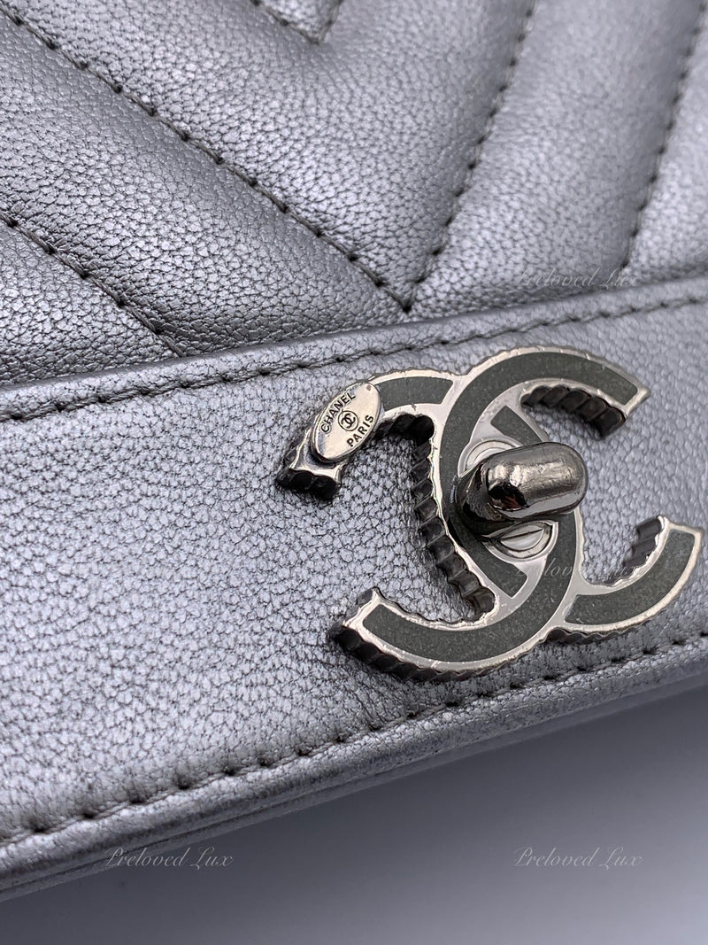 Sold-CHANEL Silver Calfskin Chevron Wallet-on-the-chain WOC Crossbody Flap Bag