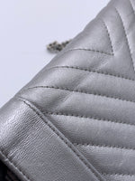 Sold-CHANEL Silver Calfskin Chevron Wallet-on-the-chain WOC Crossbody Flap Bag