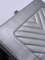 Sold-CHANEL Silver Calfskin Chevron Wallet-on-the-chain WOC Crossbody Flap Bag