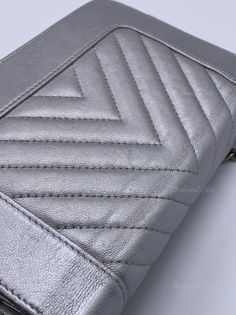 Sold-CHANEL Silver Calfskin Chevron Wallet-on-the-chain WOC Crossbody Flap Bag