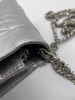 Sold-CHANEL Silver Calfskin Chevron Wallet-on-the-chain WOC Crossbody Flap Bag