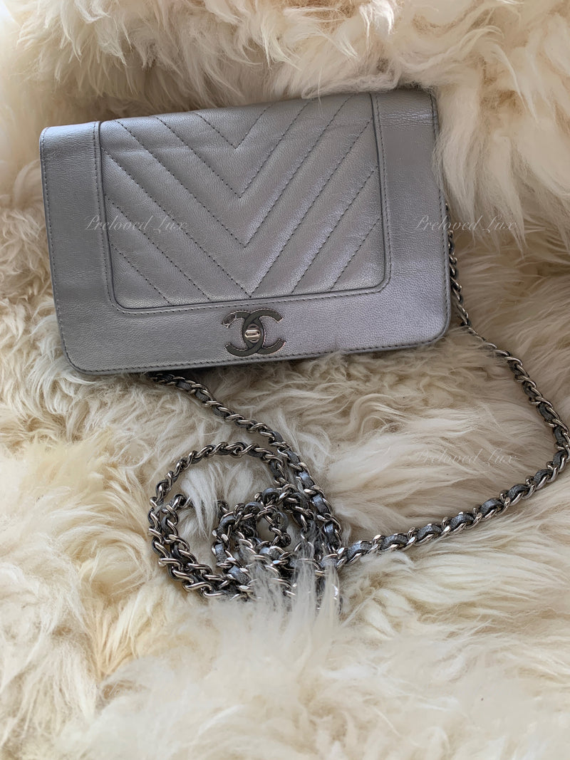 Sold-CHANEL Silver Calfskin Chevron Wallet-on-the-chain WOC Crossbody Flap Bag