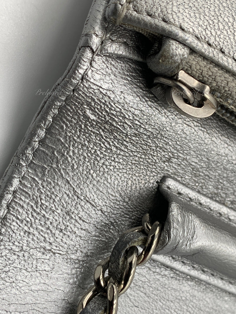 Sold-CHANEL Silver Calfskin Chevron Wallet-on-the-chain WOC Crossbody Flap Bag