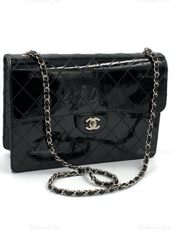 CHANEL Black Patent Leather Jumbo Size Flap Shoulder Bag Crossbody - Silver Hardware