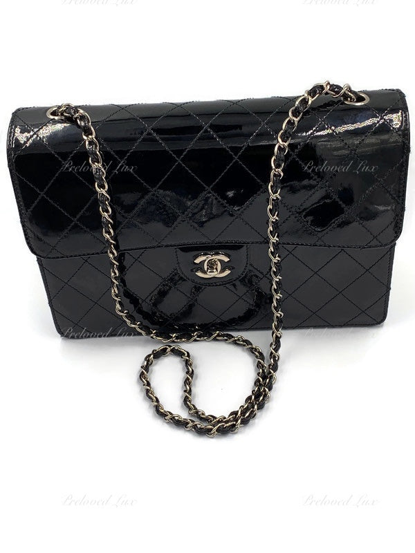 CHANEL Black Patent Leather Jumbo Size Flap Shoulder Bag Crossbody - Silver Hardware