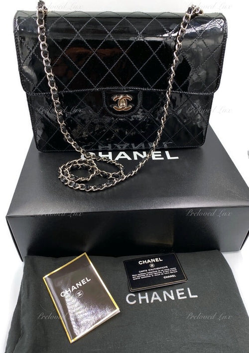 CHANEL Black Patent Leather Jumbo Size Flap Shoulder Bag Crossbody - Silver Hardware