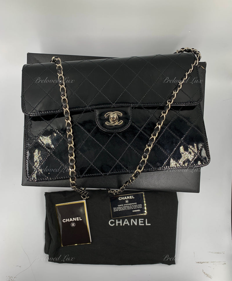 CHANEL Black Patent Leather Jumbo Size Flap Shoulder Bag Crossbody - Silver Hardware