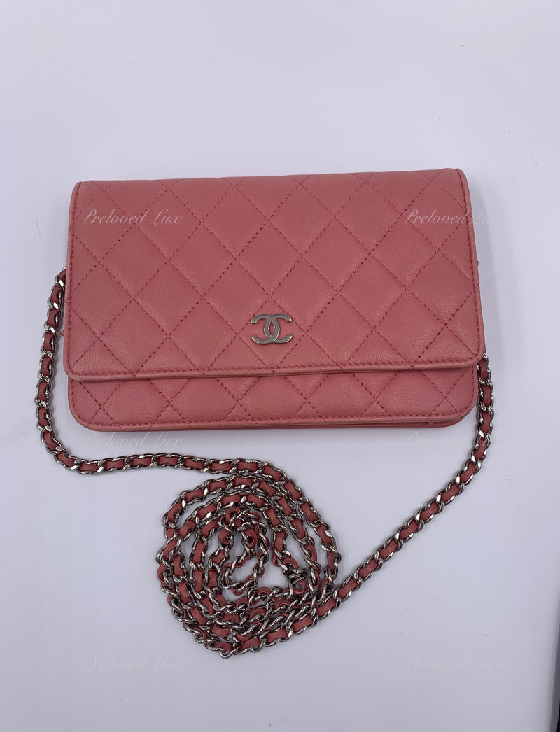 CHANEL Lambskin Wallet-on-the-chain WOC Crossbody Flap Bag - Pink Silver Hardware