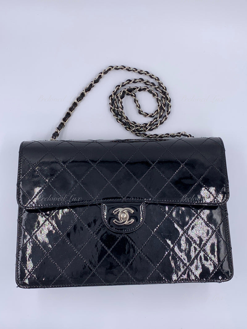 CHANEL Black Patent Leather Jumbo Size Flap Shoulder Bag Crossbody - Silver Hardware