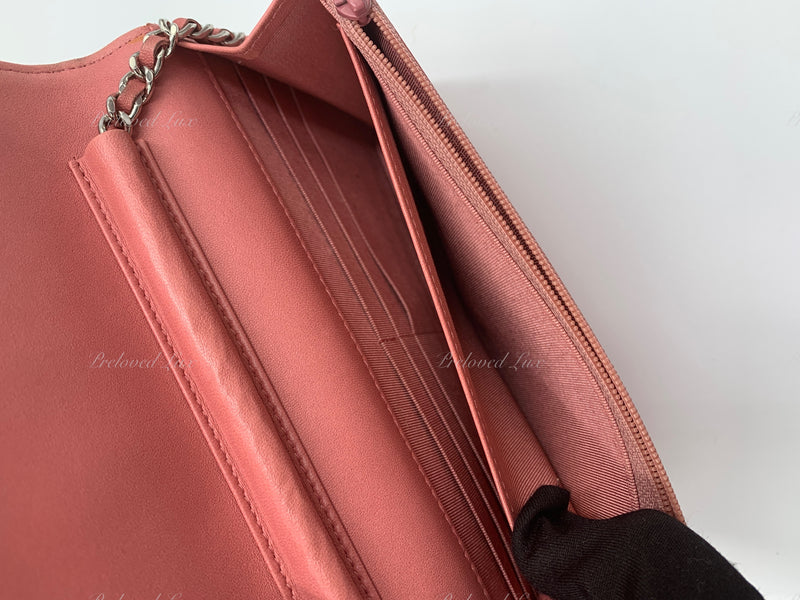 CHANEL Lambskin Wallet-on-the-chain WOC Crossbody Flap Bag - Pink Silver Hardware