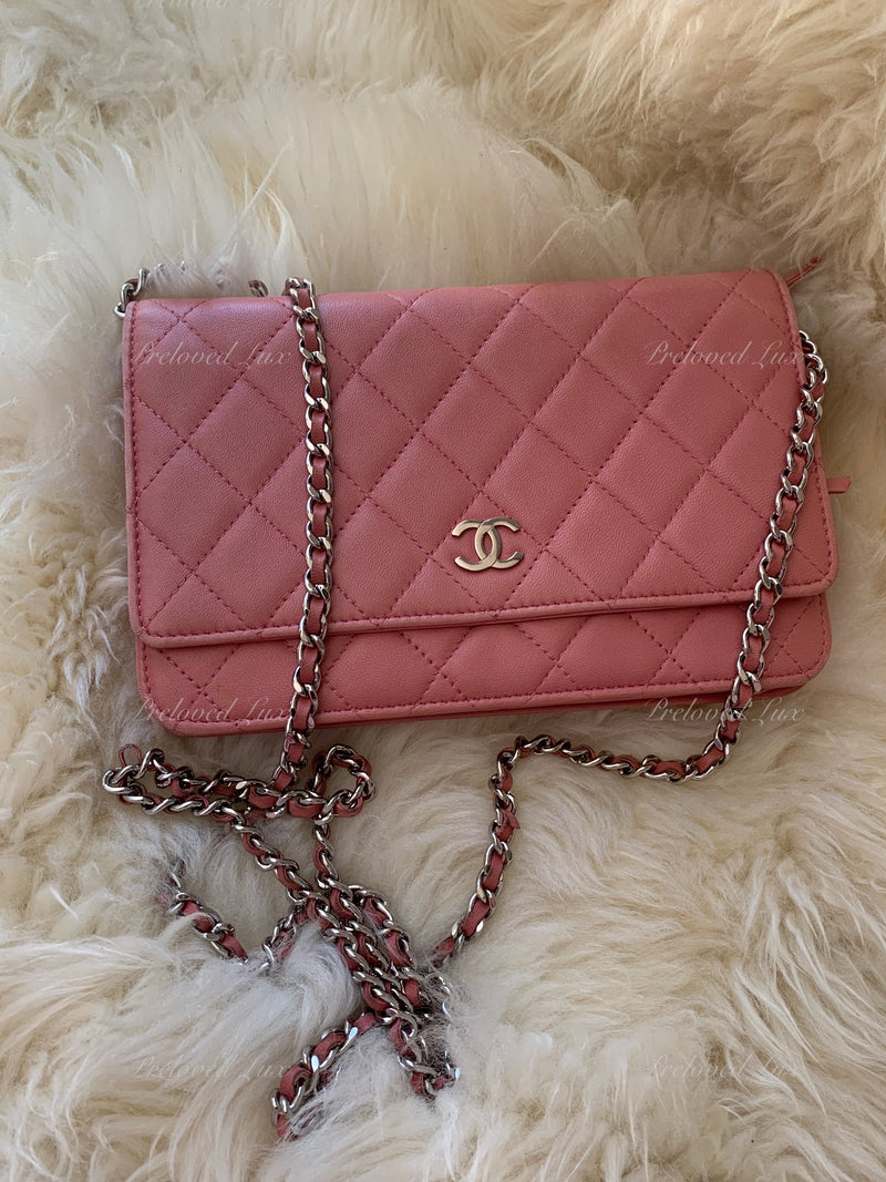 CHANEL Lambskin Wallet-on-the-chain WOC Crossbody Flap Bag - Pink Silver Hardware