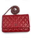 Sold-CHANEL Lambskin Wallet-on-the-chain WOC Crossbody Flap Bag - Red Silver Hardware