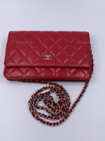 Sold-CHANEL Lambskin Wallet-on-the-chain WOC Crossbody Flap Bag - Red Silver Hardware