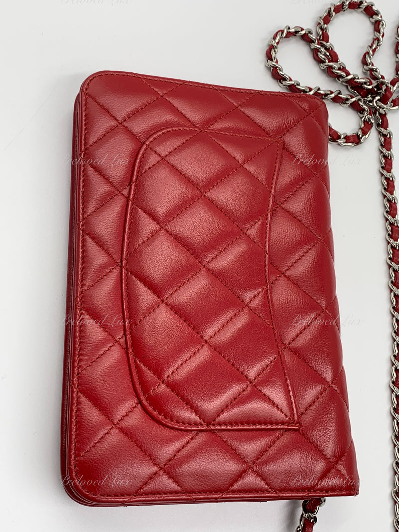 Sold-CHANEL Lambskin Wallet-on-the-chain WOC Crossbody Flap Bag - Red Silver Hardware