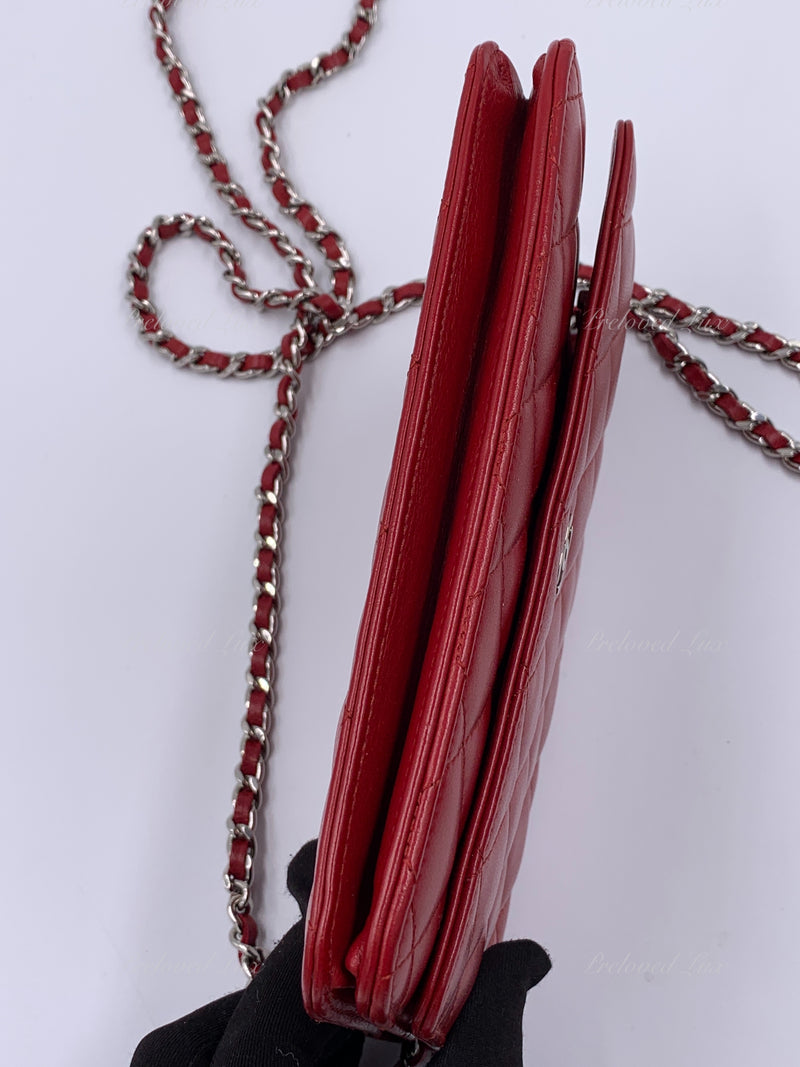 Sold-CHANEL Lambskin Wallet-on-the-chain WOC Crossbody Flap Bag - Red Silver Hardware