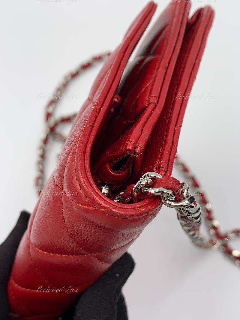 Sold-CHANEL Lambskin Wallet-on-the-chain WOC Crossbody Flap Bag - Red Silver Hardware