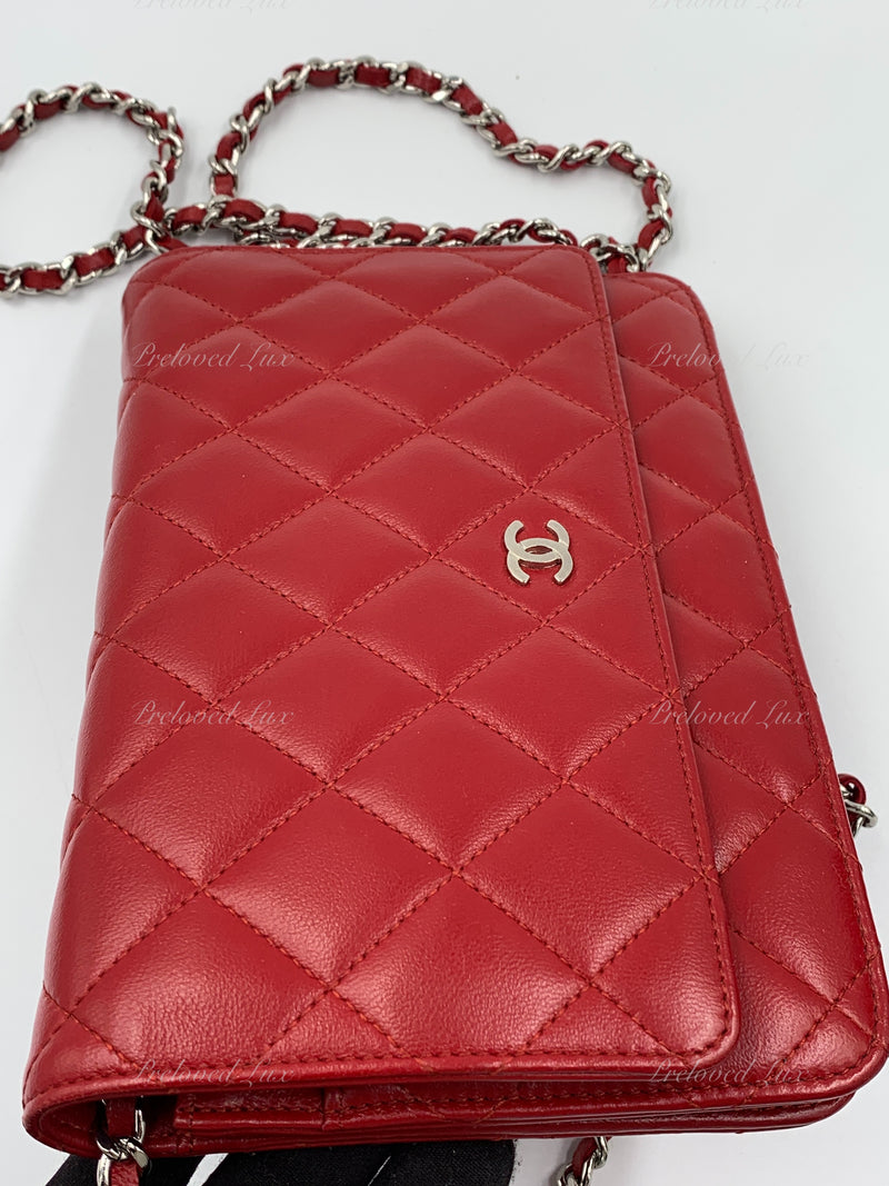 Sold-CHANEL Lambskin Wallet-on-the-chain WOC Crossbody Flap Bag - Red Silver Hardware