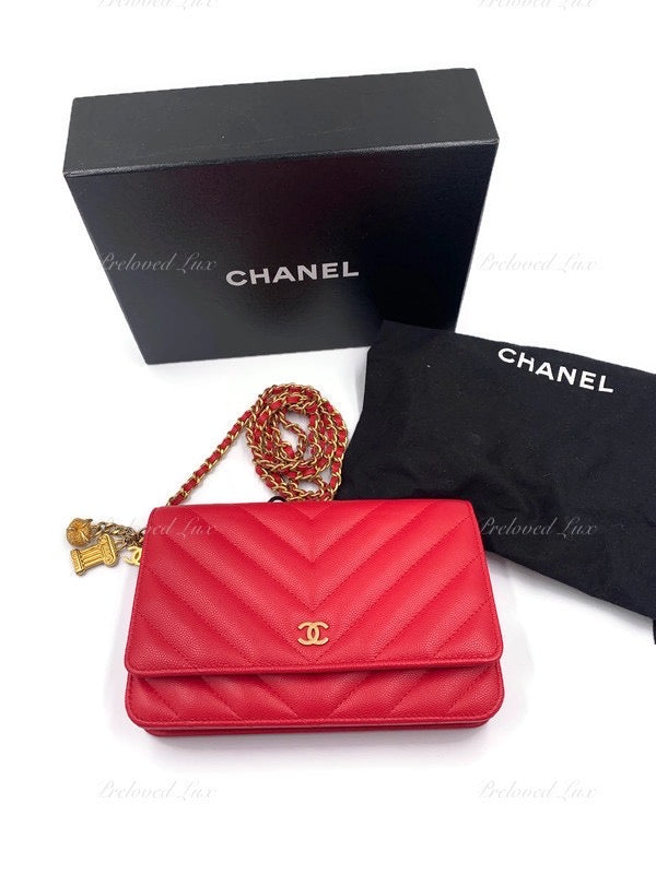 CHANEL Caviar Chevron Ancient Greek Charms Wallet-on-the-chain WOC Crossbody Flap Bag - Red Gold Hardware