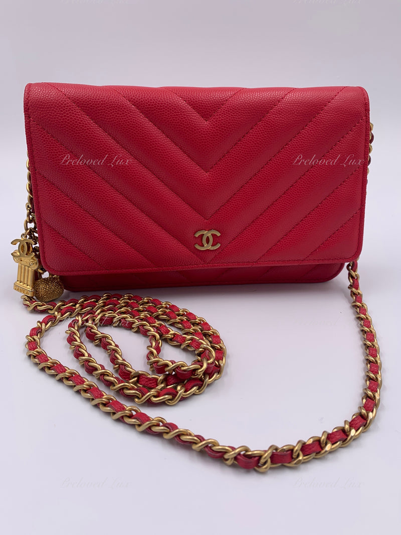 CHANEL Caviar Chevron Ancient Greek Charms Wallet-on-the-chain WOC Crossbody Flap Bag - Red Gold Hardware