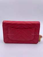 CHANEL Caviar Chevron Ancient Greek Charms Wallet-on-the-chain WOC Crossbody Flap Bag - Red Gold Hardware