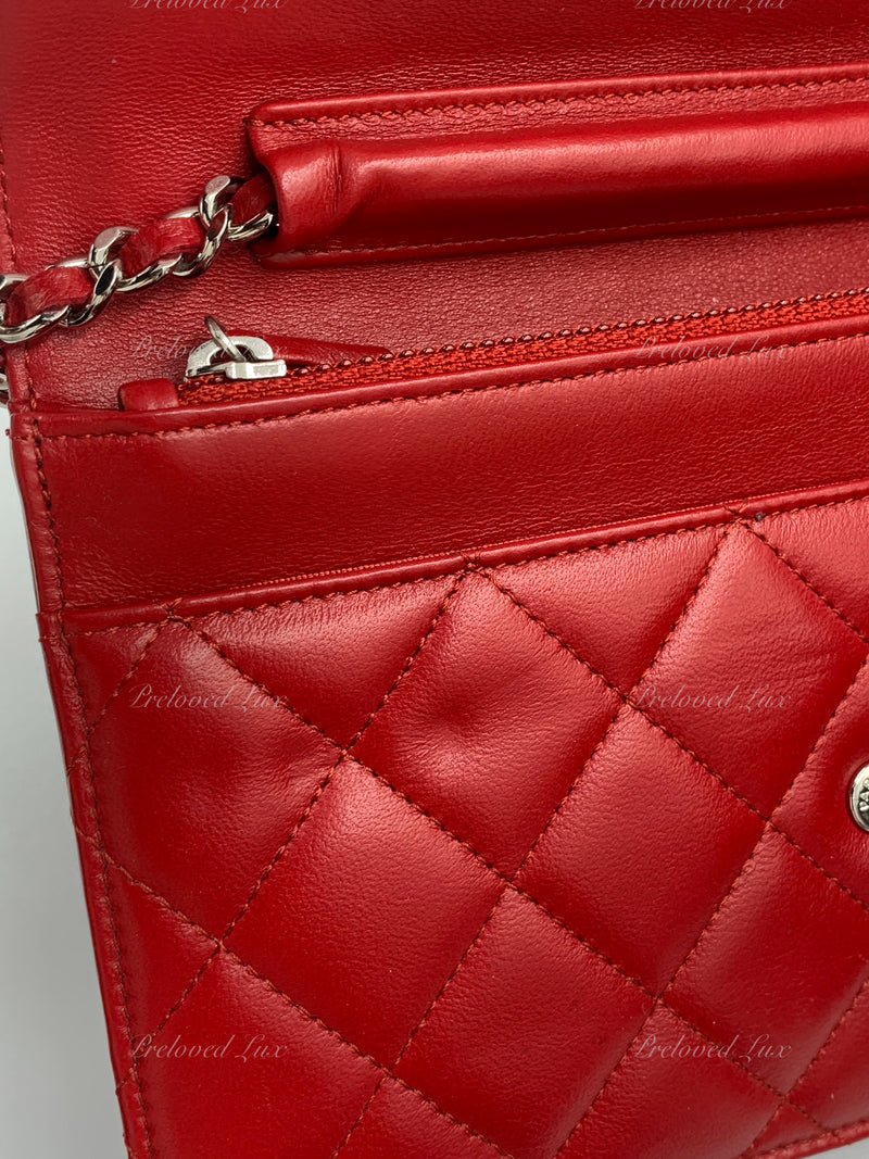 Sold-CHANEL Lambskin Wallet-on-the-chain WOC Crossbody Flap Bag - Red Silver Hardware