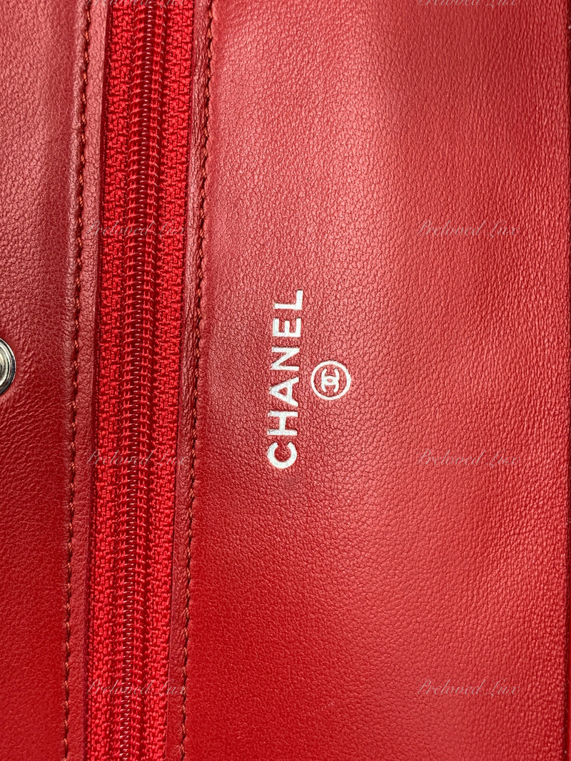 Sold-CHANEL Lambskin Wallet-on-the-chain WOC Crossbody Flap Bag - Red Silver Hardware