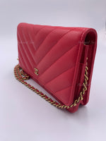 CHANEL Caviar Chevron Ancient Greek Charms Wallet-on-the-chain WOC Crossbody Flap Bag - Red Gold Hardware