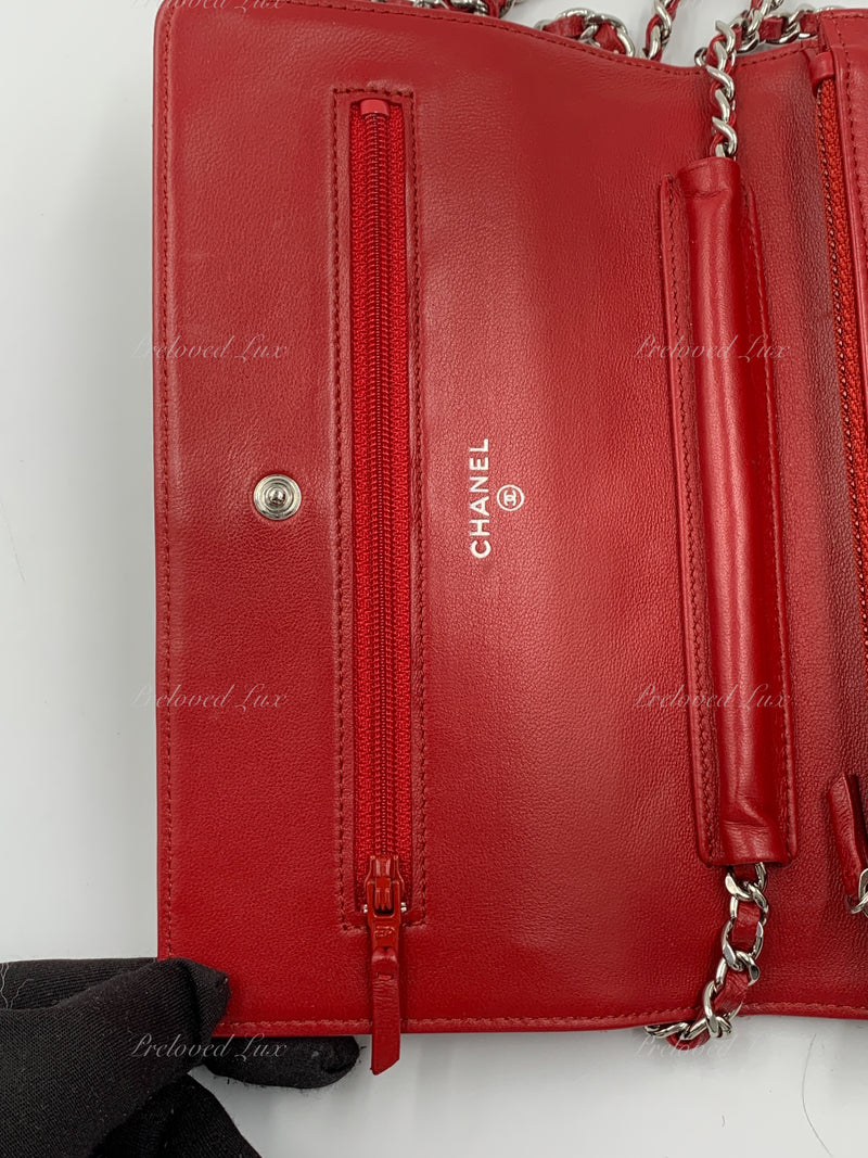 Sold-CHANEL Lambskin Wallet-on-the-chain WOC Crossbody Flap Bag - Red Silver Hardware