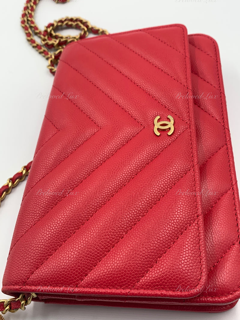 CHANEL Caviar Chevron Ancient Greek Charms Wallet-on-the-chain WOC Crossbody Flap Bag - Red Gold Hardware