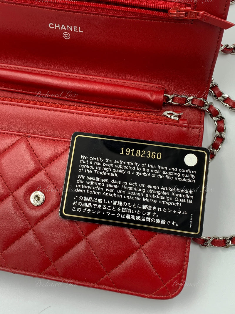 Sold-CHANEL Lambskin Wallet-on-the-chain WOC Crossbody Flap Bag - Red Silver Hardware