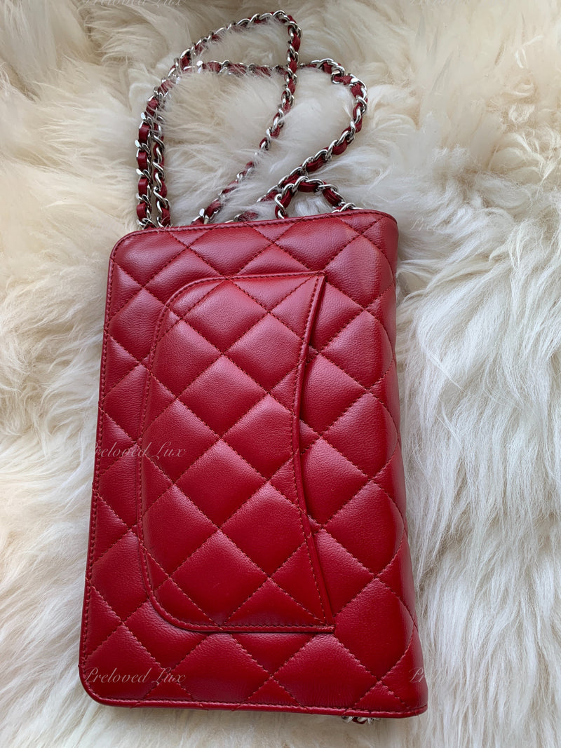 Sold-CHANEL Lambskin Wallet-on-the-chain WOC Crossbody Flap Bag - Red Silver Hardware