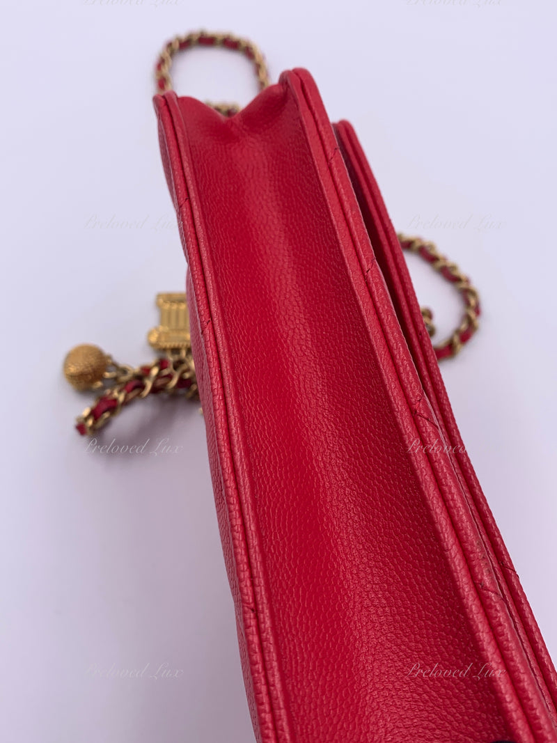 CHANEL Caviar Chevron Ancient Greek Charms Wallet-on-the-chain WOC Crossbody Flap Bag - Red Gold Hardware