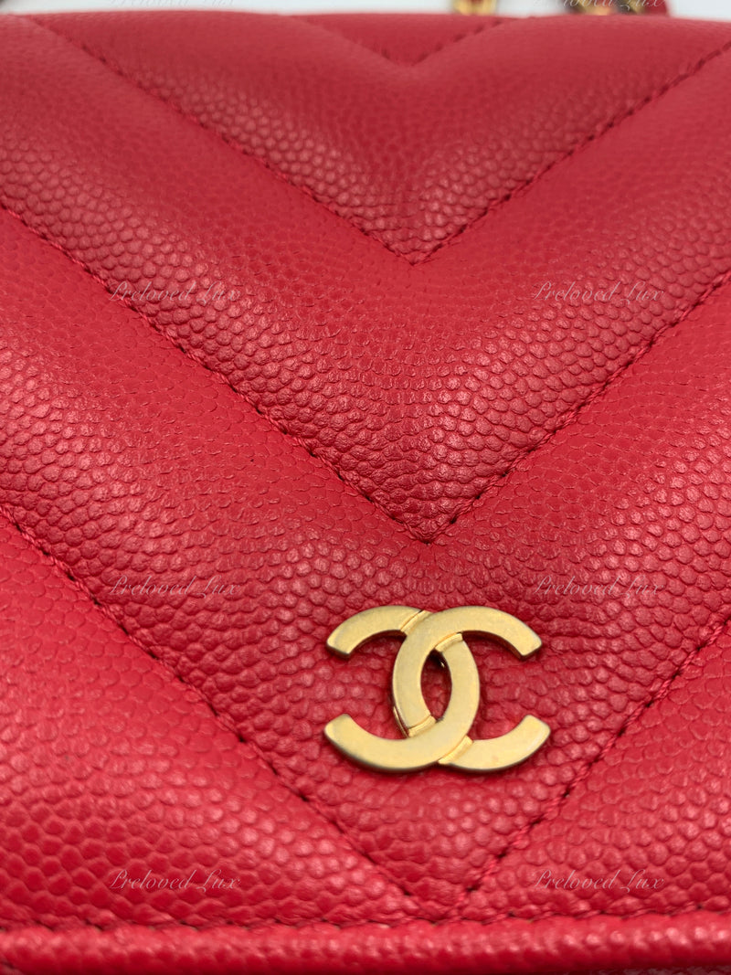 CHANEL Caviar Chevron Ancient Greek Charms Wallet-on-the-chain WOC Crossbody Flap Bag - Red Gold Hardware