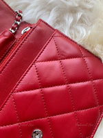 Sold-CHANEL Lambskin Wallet-on-the-chain WOC Crossbody Flap Bag - Red Silver Hardware