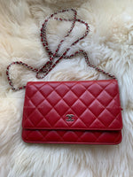 Sold-CHANEL Lambskin Wallet-on-the-chain WOC Crossbody Flap Bag - Red Silver Hardware