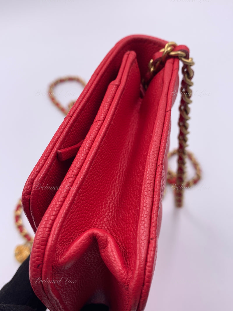 CHANEL Caviar Chevron Ancient Greek Charms Wallet-on-the-chain WOC Crossbody Flap Bag - Red Gold Hardware