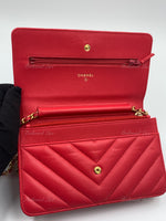 CHANEL Caviar Chevron Ancient Greek Charms Wallet-on-the-chain WOC Crossbody Flap Bag - Red Gold Hardware