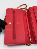 CHANEL Caviar Chevron Ancient Greek Charms Wallet-on-the-chain WOC Crossbody Flap Bag - Red Gold Hardware