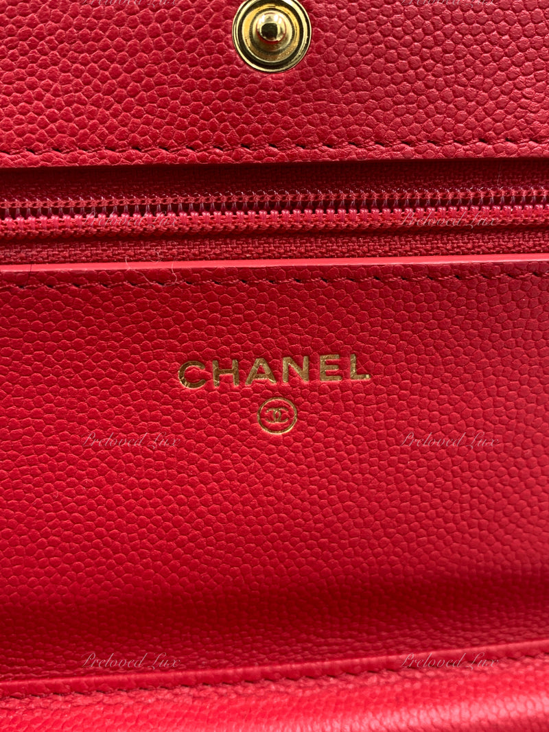 CHANEL Caviar Chevron Ancient Greek Charms Wallet-on-the-chain WOC Crossbody Flap Bag - Red Gold Hardware