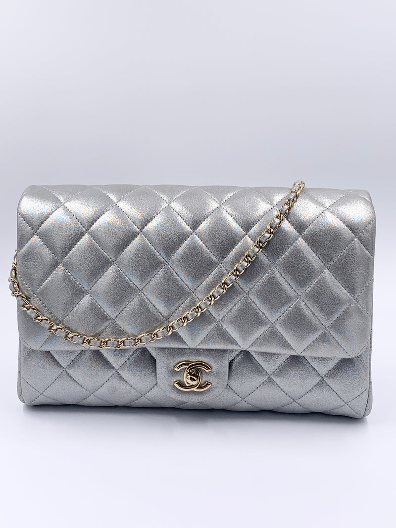 Sold-CHANEL Classic Quilted Flap Metallic Silver Calfskin Shoulder Bag/Clutch