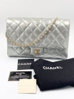 Sold-CHANEL Classic Quilted Flap Metallic Silver Calfskin Shoulder Bag/Clutch