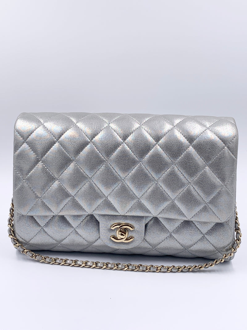 Sold-CHANEL Classic Quilted Flap Metallic Silver Calfskin Shoulder Bag/Clutch