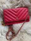 CHANEL Caviar Chevron Ancient Greek Charms Wallet-on-the-chain WOC Crossbody Flap Bag - Red Gold Hardware