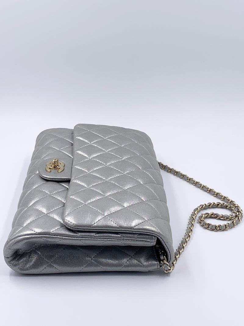 Sold-CHANEL Classic Quilted Flap Metallic Silver Calfskin Shoulder Bag/Clutch